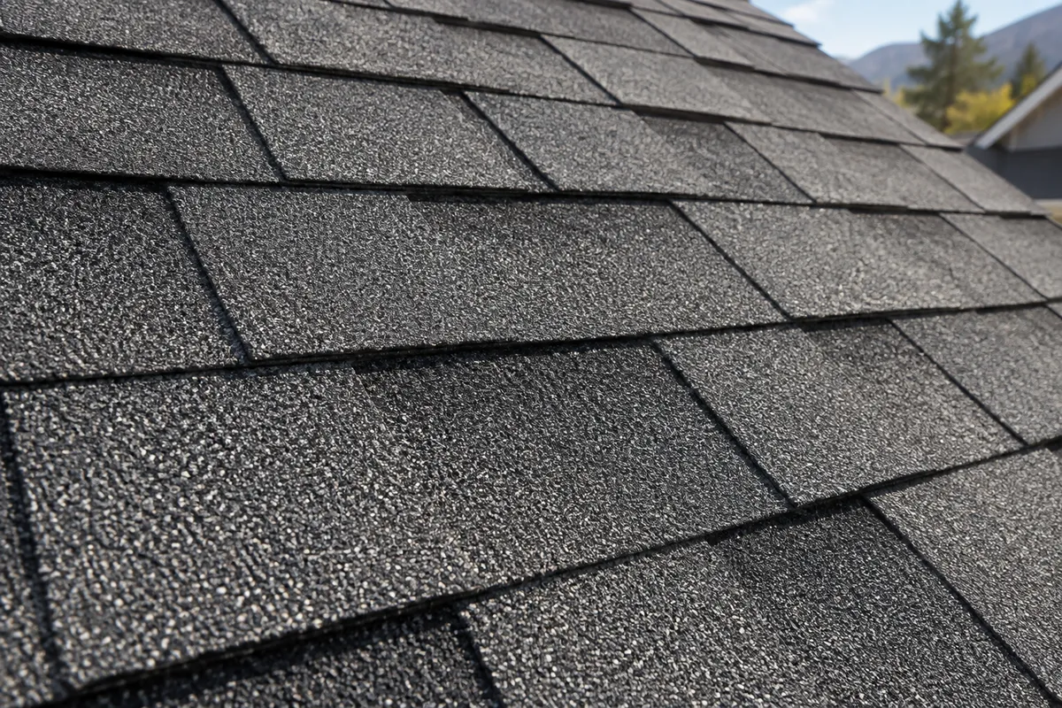 Close-up of weathered wood color architectural asphalt shingles