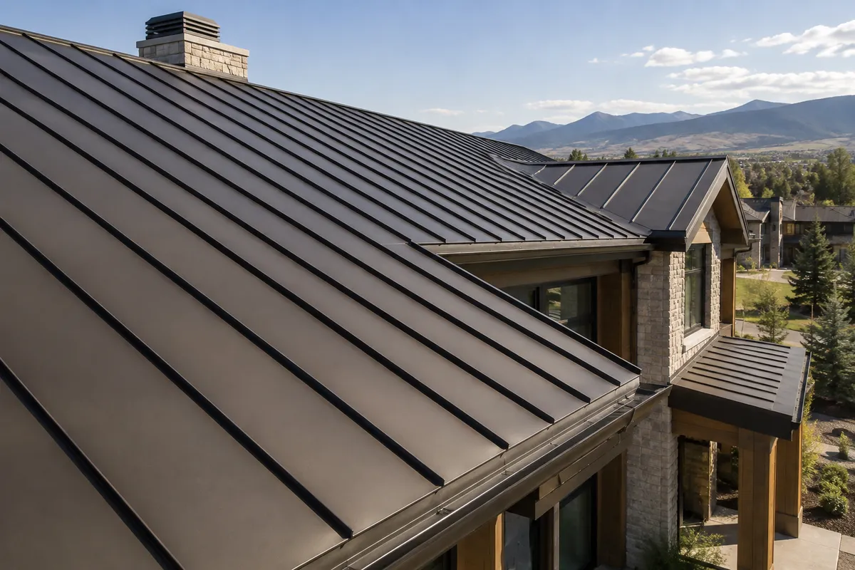 Charcoal standing seam metal roof panels with concealed fasteners