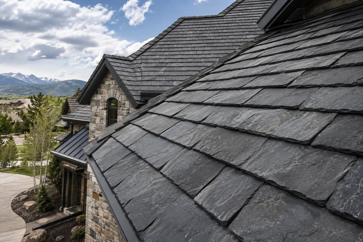 Synthetic slate shingles with a deep gray finish on a steep roof