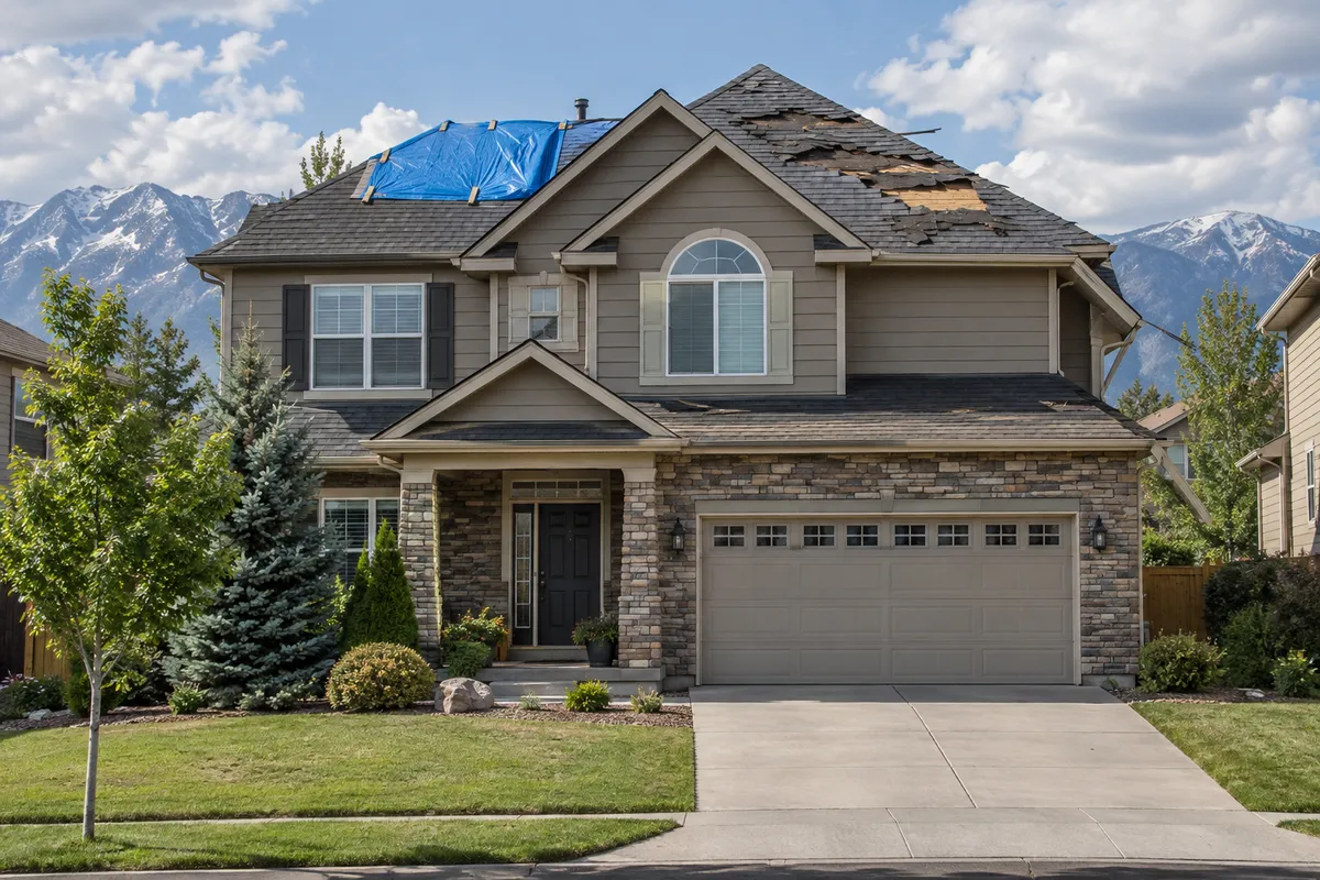 Hail-damaged roof with missing shingles and bruised tabs before repair