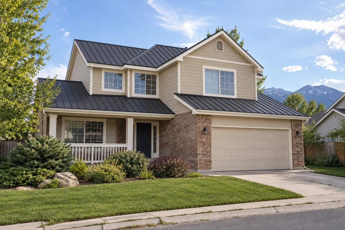 Two-story home with a new metal roof and seamless gutters after the upgrade