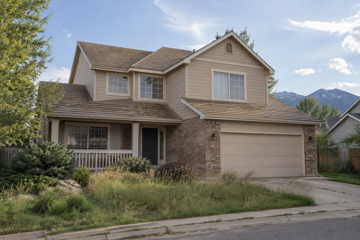 Faded, patchy roof and old gutters on a two-story home before the upgrade