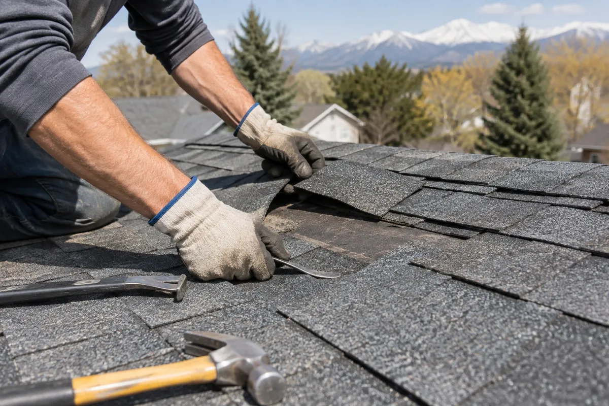 Roofer patching a small damaged section of a shingle roof