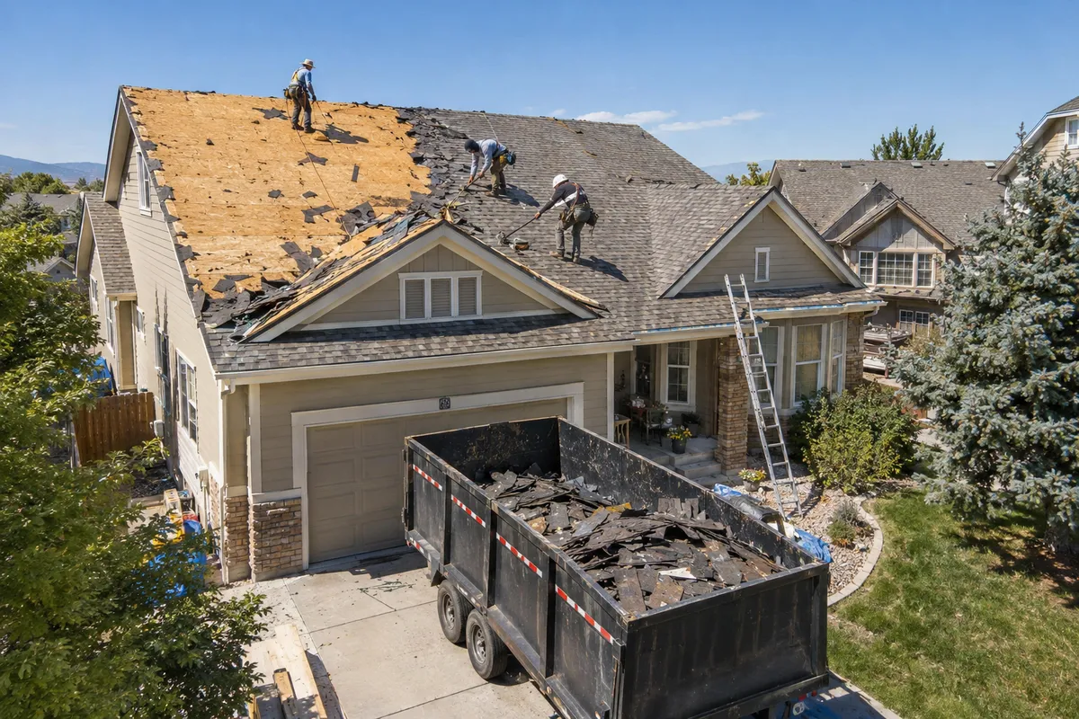 Crew tearing off an old roof down to the deck before replacement
