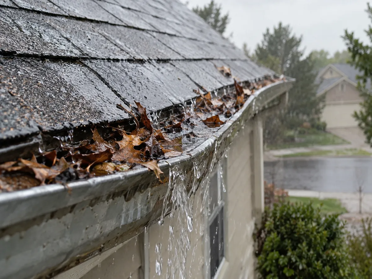 Rainwater spilling over a clogged gutter onto a front porch