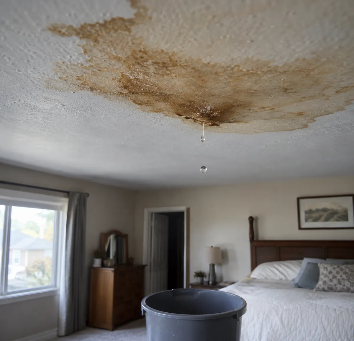 Ceiling water stain with a bucket catching drips from a roof leak