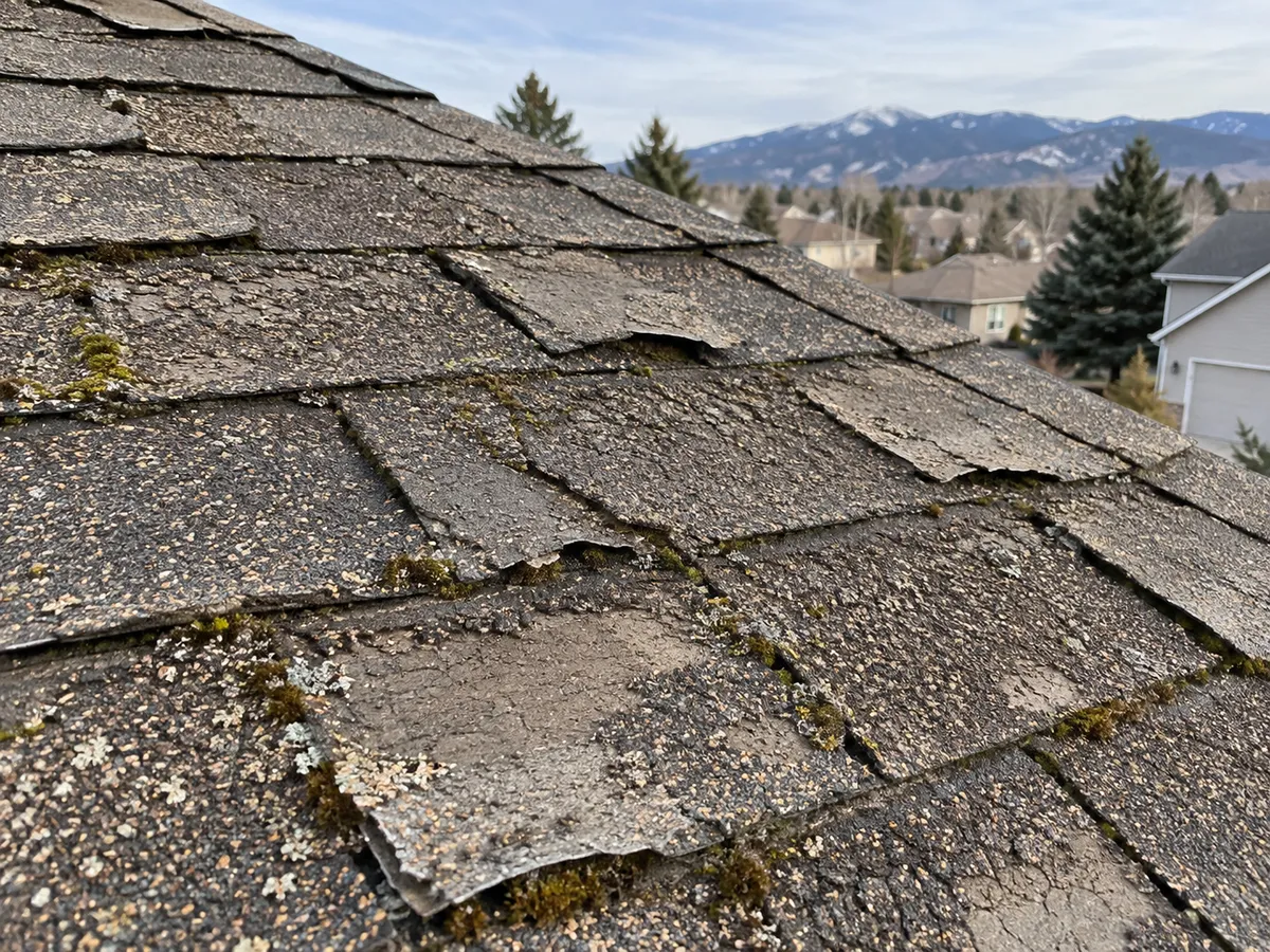 Weathered shingle roof with curling edges and moss on an older home