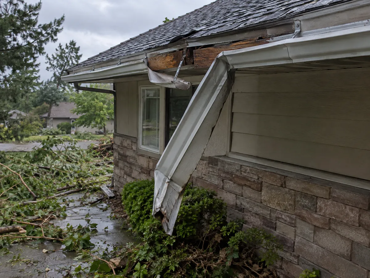 Hail-dented aluminum gutter sagging along a fascia board