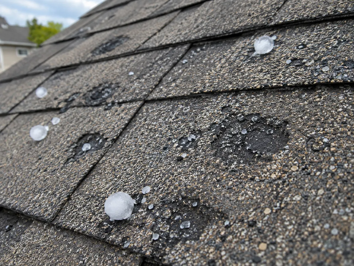 Hailstones resting on asphalt shingles marked with impact bruises